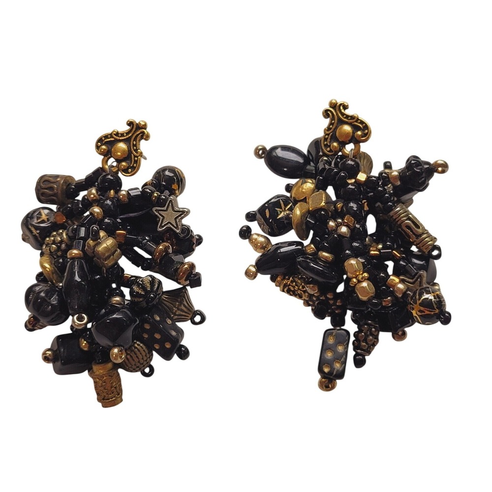 Earrings Women OS Cluster Drop Black Gold Star Flower Beaded Statement
